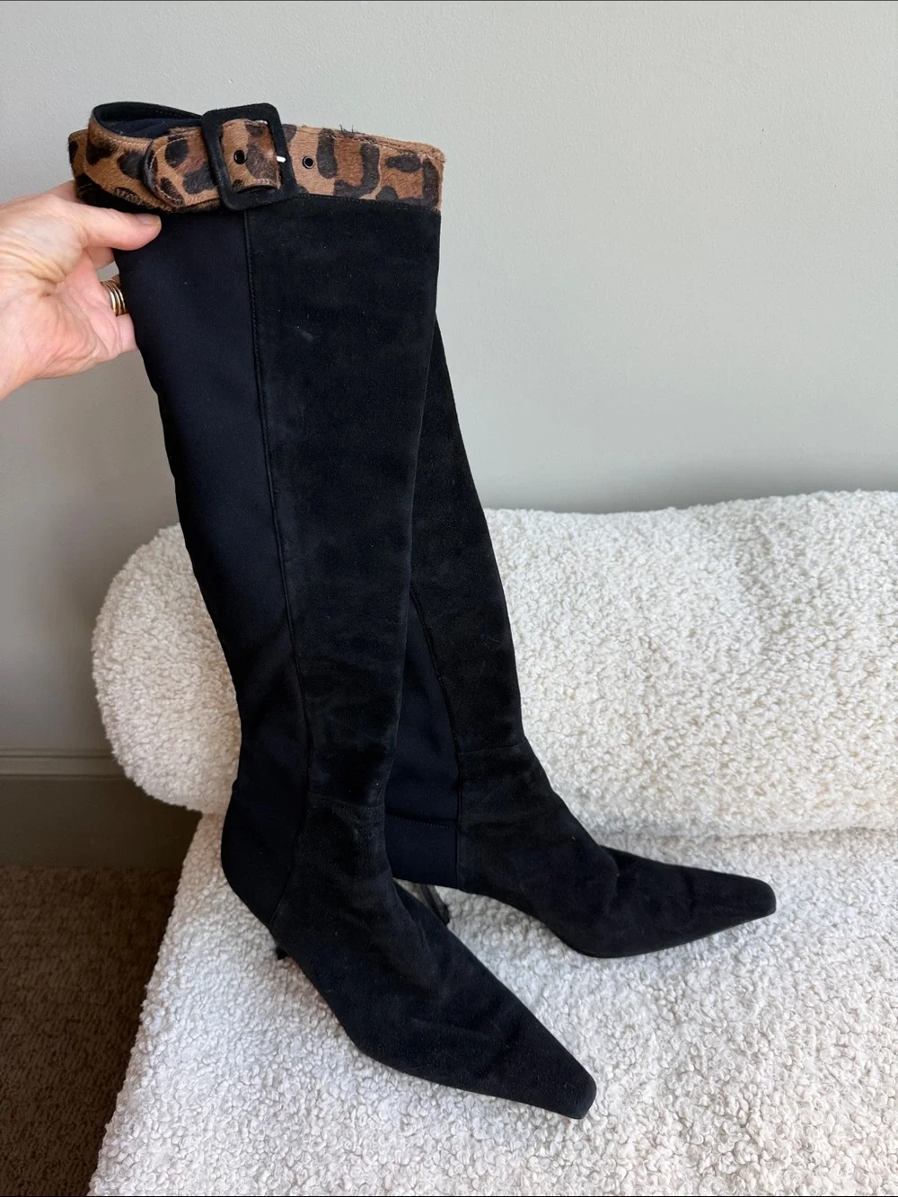 Stuart Weitzman Black Over-the-Knee Boots with Leopard Trim